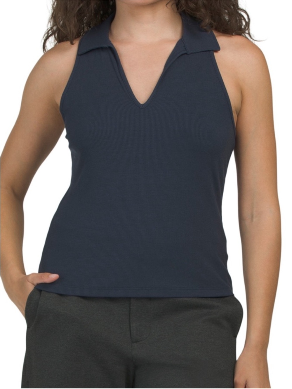 Joie Sleeveless Collared V-Neck Knit Tank - Navy